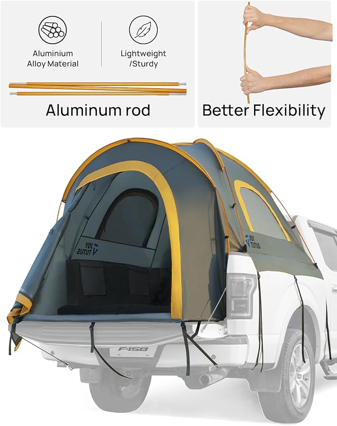 JOYTUTUS Pickup Truck Tent 5ft 2.0, Waterproof PU2000mm Double Layer for 2 Person, Portable Truck Bed Tent with Rainfly - Orange, Aluminum Pole
