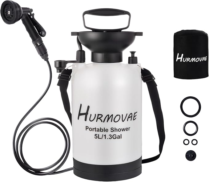 1.3 Gallon/5L Portable Shower for Camping–10 Spray Modes, Insulated Water Sprayer, Portable Beach Shower for Surfing, Hiking, Dog Shower, White