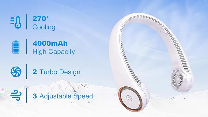 Neck Fans:Portable Personal Neck Cooling Rechargeable Bladeless Fan - Hands Free 3 Speed 4000 mAh Battery USB for Wearable Headphones Design - Men Women Outdoor Indoor (White)
