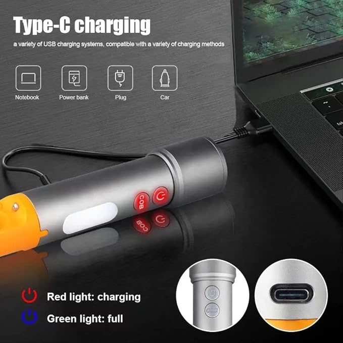 poyoelf Zoomable Led Flashlight with COB Sidelight with Hook,Rechargeable EDC Small Lantern Flashlight,Waterproof,Tactical Portable Handheld Torch for Camping,Hiking,Emergency,Home Use(Black)
