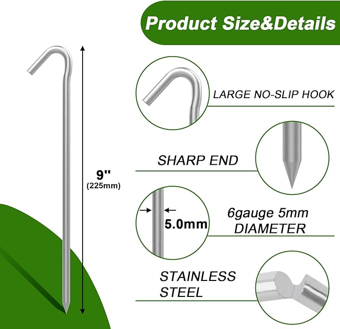 AAGUT Tent Stakes, Tent Stakes Metal Garden Edging Fence Hooks Yard Camping Stake Heavy Duty Galvanized 9 Inch 6 Gauge Tent Pegs for Tarp, Inflatable, Outdoor Christmas Decorations, 25 Pack