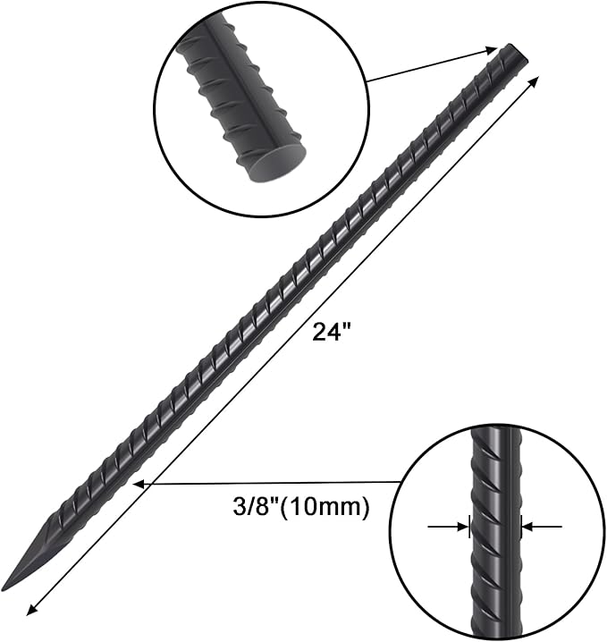 VVOKGO Rebar Stakes 24 Inch Ground Straight Rebar Stakes (16pcs), Heavy Duty Ground Anchors, 3/8" Diameter Steel Plant Support Garden Stake with Chisel Point End, Hammer Through Hard Soil for Camping