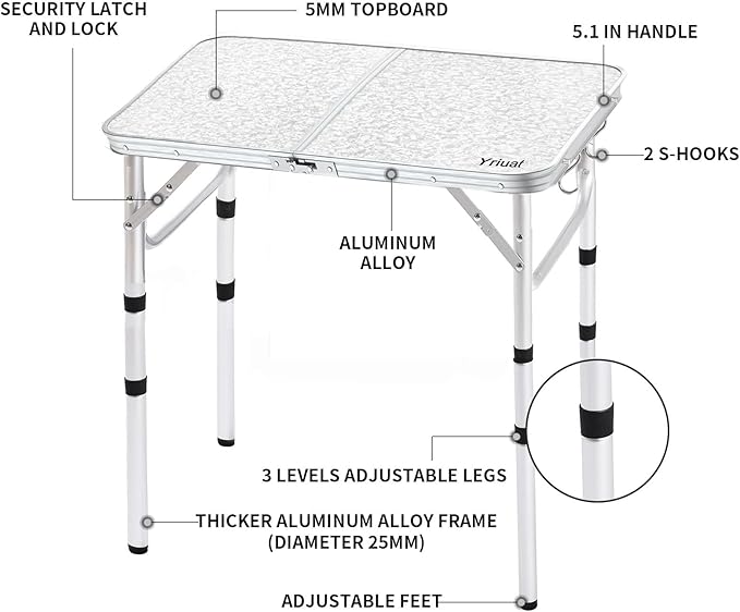 Folding Camping Table 2ft Portable Pinic Table Adjustable Height Small Card Table Aluminum Foldable Lightweight with Carry Handle for Outdoor Indoor Hiking Camp BBQ Beach