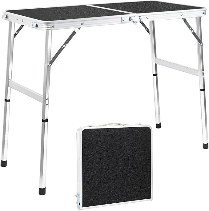 Aluminum Folding Small Table, Adjustable Height Lightweight Portable Camping Table for Picnic Beach Outdoor Indoor (Small) (BlackC)