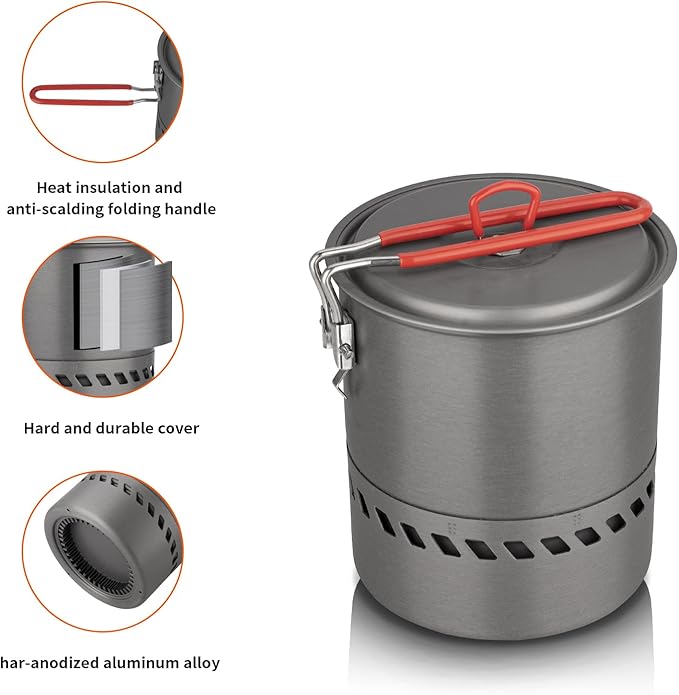 Tentock Outdoor Portable Heat Collecting Exchanger - 1L/1.5L/2.1L Camping Backpacking Hard Aluminum Pot with Folding Handle - Rapid Boil Billy Can with Compact Storage Mesh Pouch