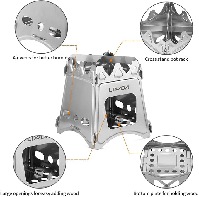 Lixada Camping Wood Stove Folding Lightweight Stainless Steel Wood Burning Stoves Portable Backpacking Stove for Outdoor Camping Hiking Backpacking Picnic Hunting BBQ