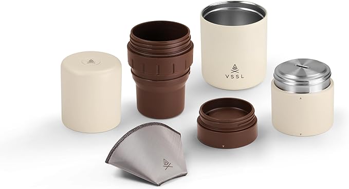 Nest Pour Over Coffee Kit, Transportable and Compact Pour Over Kit with Two 10 oz Double Walled Mugs, Cream