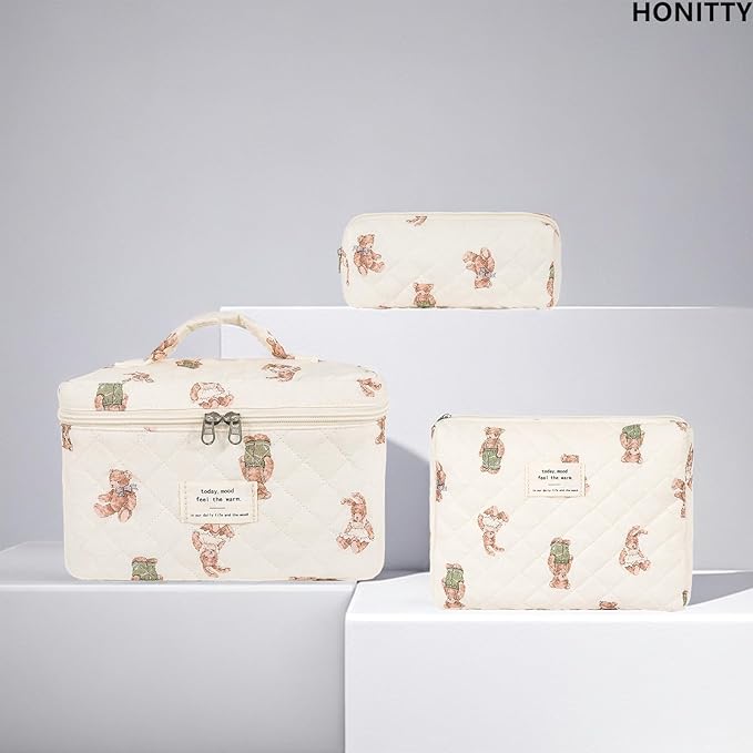 Makeup Bag,Quilted Cosmetic Bag,Large Floral Make Up Bag for Women,Cotton Makeup Bag Set,Flower Travel Toiletry Bag