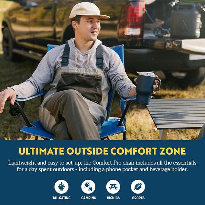 GCI OUTDOOR Comfort Pro Camping Chair | Collapsible Folding Chair with Durable Armrests, Drink Holder & Portable Carry Bag — Heathered Royal