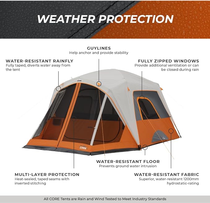 CORE Tent for Family Camping | 4 Person & 6 Person Portable Camp Tent with Carry Bag for Outdoor Car Camping | Included Gear Loft Organizer for Camp Accessories