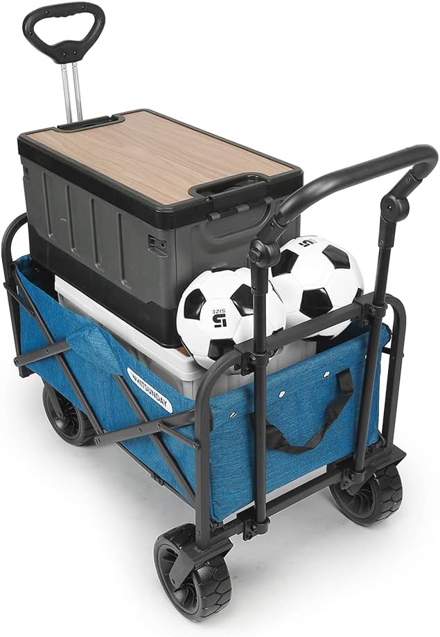 WHITSUNDAY Collapsible Folding Garden Outdoor Park Utility Wagon Picnic Camping Cart with Bearing and Brake 8" All Terrain Wheels with Push Bar (Ocean Blue)