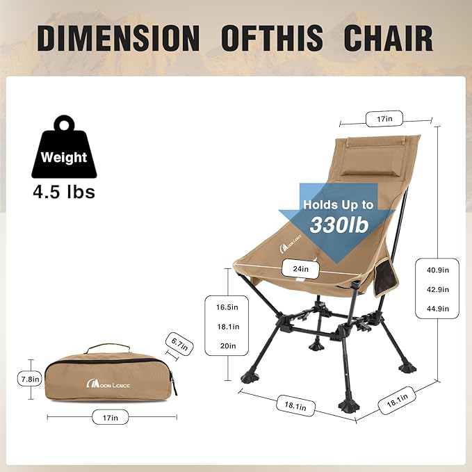 MOON LENCE High Back Folding Camping Chairs, Adjustable Height Beach Chair with Anti-Sinking Feet & Widened Seat (Khaki)