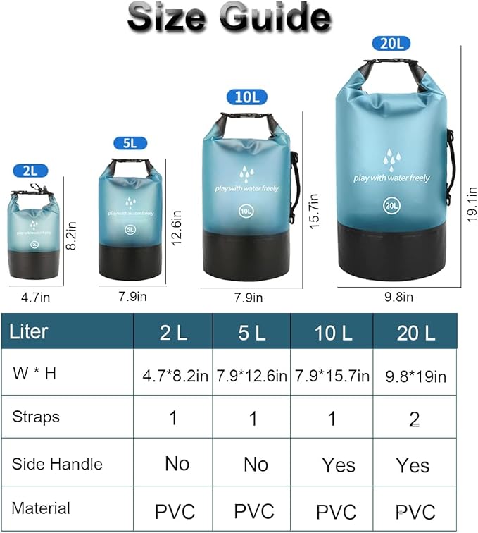 Waterproof Dry Bag,5L/10L/20L Roll Top Lightweight Dry Storage Bag Backpack with Waterproof Phone Case for Travel,Swimming,Boating,Kayaking,Fishing,Camping and Beach (Blue 1pcs, 5L)