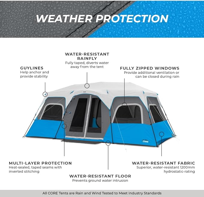 CORE Instant Cabin Tents with LED Lights | 6 Person / 9 Person / 12 Person Family Multi Room Lighted Pop Up Tents for Camping | Included Storage Pockets for Camping Accessories
