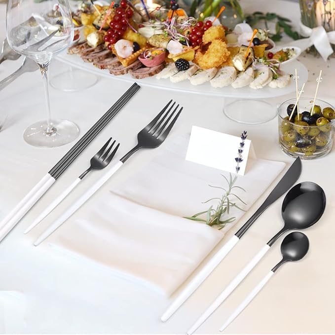 AARainbow 8 Pieces Stainless Steel Flatware Set Portable Reusable Cutlery Set Travel Utensils Set Including Chopsticks Knife Fork Spoon Straws Cleaning Brush Dishwasher Safe (White black)