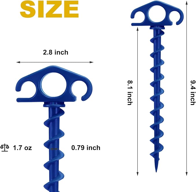 Tent Stakes Sand Stakes for Beach Tent 10 Pack Spiral Anchor Stakes 9.4 Inch Heavy Duty Screw Canopy Stakes for Camping, Hiking and More (10, Blue)
