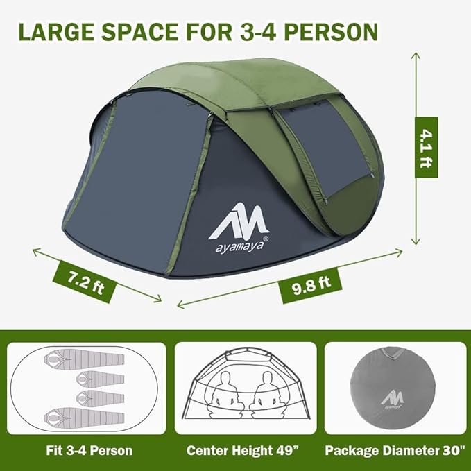 4 Person Pop Up Tents for Camping - AYAMAYA Waterproof Instant Family Tents with Skylight & Removable Rainfly, Upgraded Large Size with 2 Doors -Automatic Easy Setup Beach Tent with Poles