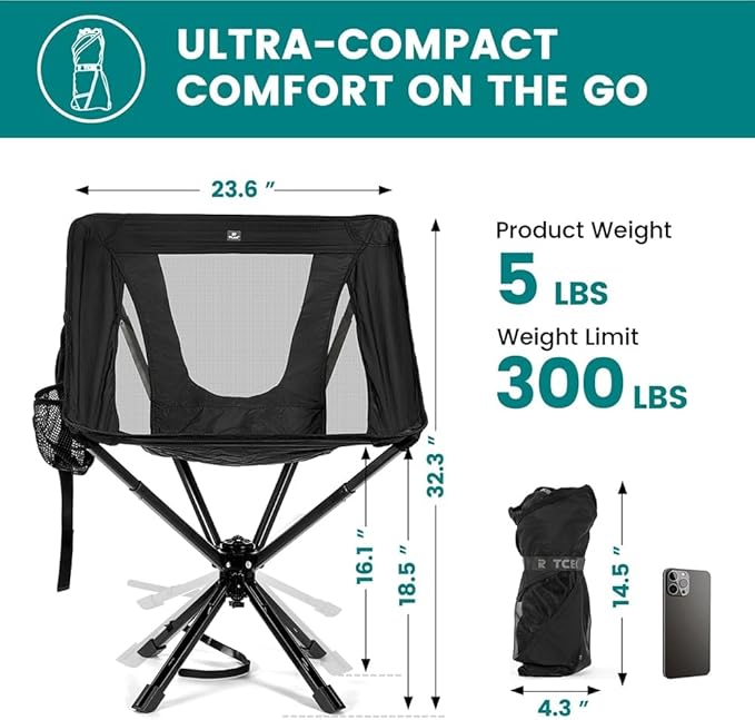 Portable Camping Chair - SwivelCore 180 Swivel & Auto-Return, Small Compact Lightweight Folding Chairs for Adults, Outdoor Backpack Chair for Adventures, Setup in Seconds, Support 300 LBS