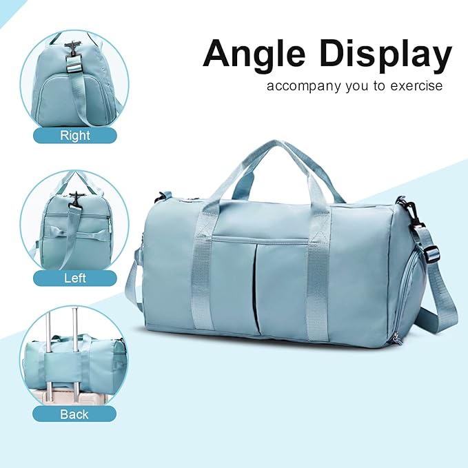 ZGWJ Sports Gym Bag with Wet Pocket & Shoes Compartment, Waterproof Shoulder Weekender Bag for Women and Men Swim Sports Travel Gym Bag Lightweight and easy Carry on Light Blue