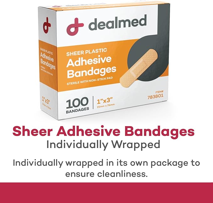 Dealmed Sheer Plastic Flexible Adhesive Bandages – 100 Count (3 Pack) Bandages with Non-Stick Pad, Latex Free, Wound Care for First Aid Kit, 1" x 3"