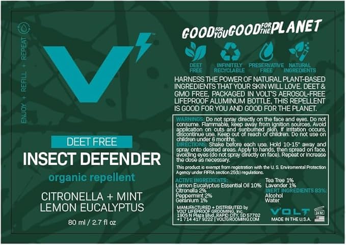 Volt Insect Defender – DEET-Free Plant-Based Outdoor Spray, Aluminum Bottle, Family-Friendly, Natural Essential Oils, 2.7 Oz (80ml)