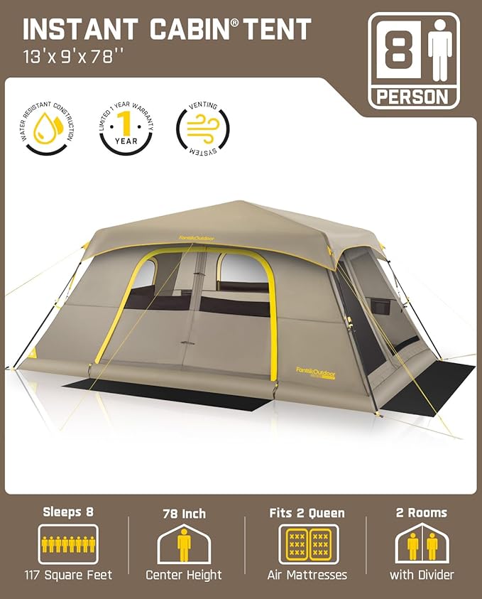 FanttikOutdoor Zeta C8 Air/C10 Air Camping Tent, Lightweight 10 Person Instant Cabin Tent Setup in 60s, 20% Lighter, Ultralight with Carry Bag for Family Camping & Hiking, Upgraded Ventilation