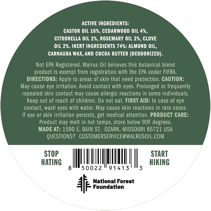 WALRUS OIL - Logger’s Bug Repellent, 2 oz Plant-Based Mosquito Repelling Balm with Cedarwood & Citronella, Deet Free, 100% Vegan, Kid Safe