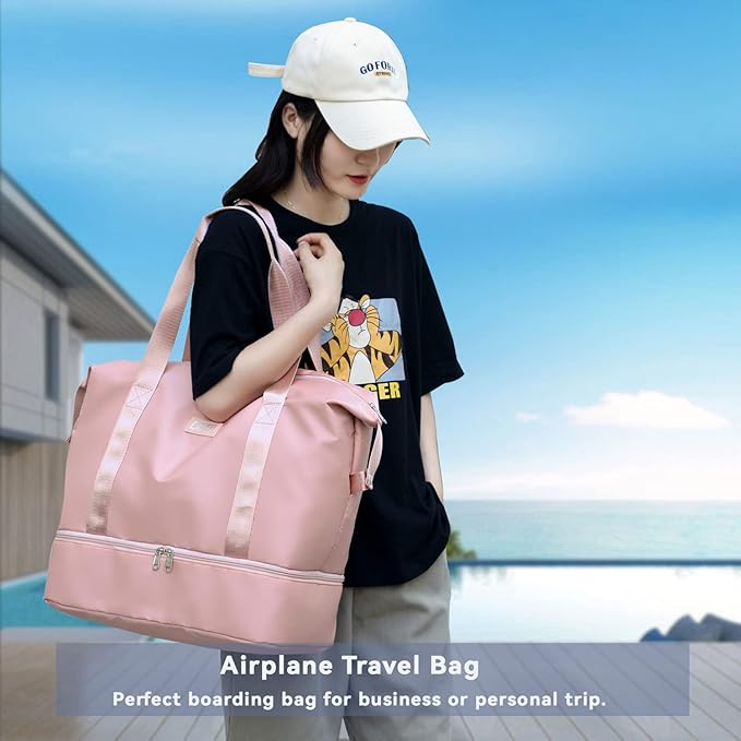 Large Travel Duffel Bag with Shoe Compartment, Gym Tote Carry on Bags for women, Lightweight Duffel Bags with Trolley Sleeve fit for Travel and Sport(Pink)