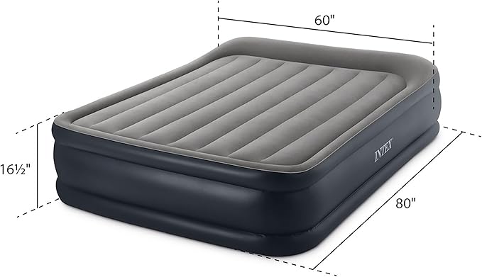 Intex 64135ED Dura-Beam Plus Deluxe Pillow Rest Air Mattress: Fiber-Tech – Queen Size – Built-in Electric Pump – 16.5in Bed Height – 600lb Weight Capacity