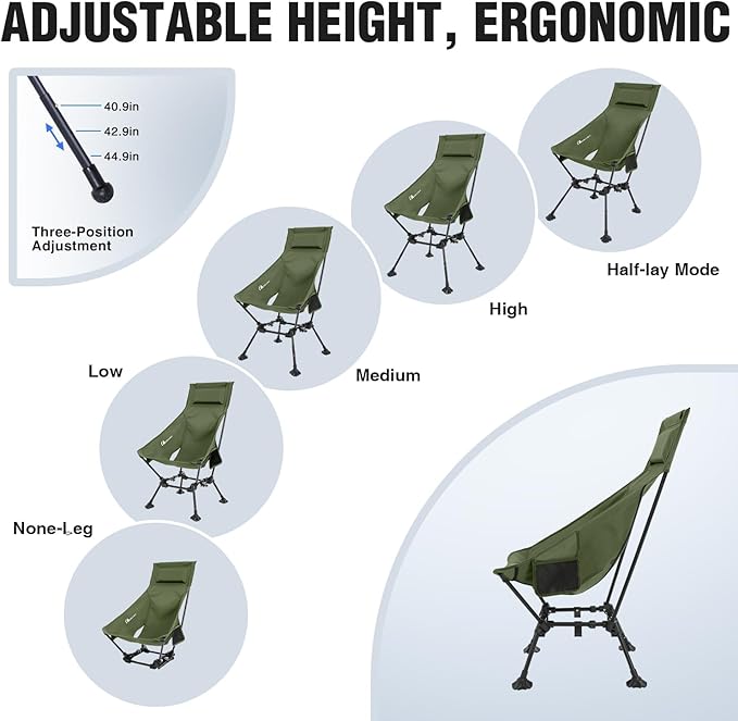 MOON LENCE High Back Folding Camping Chairs, Adjustable Height Beach Chair with Anti-Sinking Feet & Widened Seat (Green)