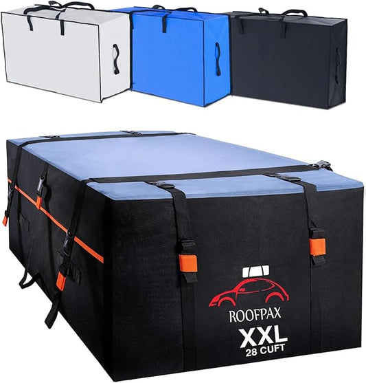 RoofPax XXL 28 cuft Car Rooftop Cargo Carrier Bag Extra Waterproof Car Roof Storage with 10 Heavy Duty Tie Down Straps and 4 Hooks Roof Bag Cargo Carrier for Top of Vehicle with/Without Rack