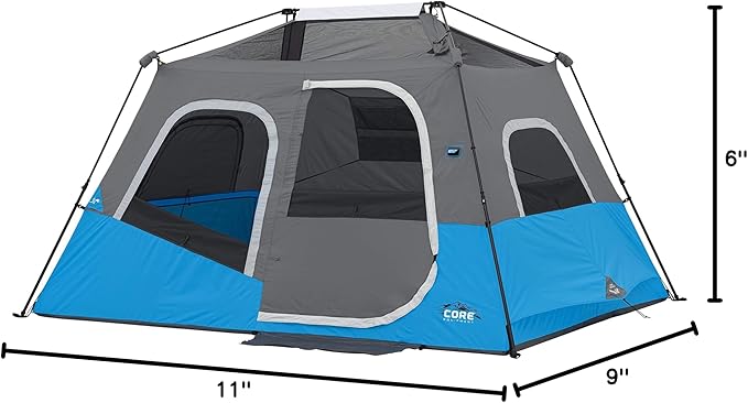 CORE Instant Cabin Tents with LED Lights | 6 Person / 9 Person / 12 Person Family Multi Room Lighted Pop Up Tents for Camping | Included Storage Pockets for Camping Accessories