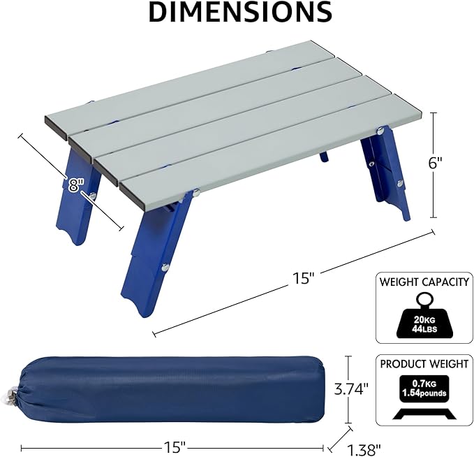 PORTAL Folding Mini Small Beach Table, Portable Aluminum Beach Table with Retractable Legs and Carry Bag for Outdoor Picnic/Cooking/Camp/Travel/Beach,15" L x 8" W x 6" H, Silver/Blue