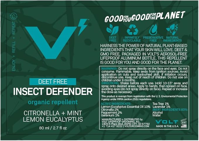 Volt Insect Defender – DEET-Free Plant-Based Outdoor Spray, Aluminum Bottle, Family-Friendly, Natural Essential Oils, 5 Oz (150ml)