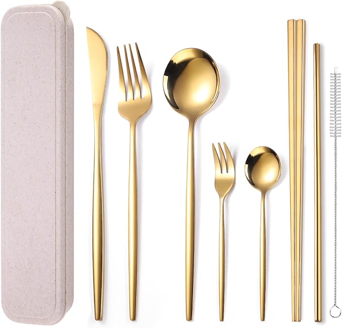 AARAINBOW 8 Pieces Stainless Steel Flatware Set Portable Reusable Cutlery Set Travel Utensils Set Including Chopsticks Knife Fork Spoon Straws Cleaning Brush Dishwasher Safe (Golden)