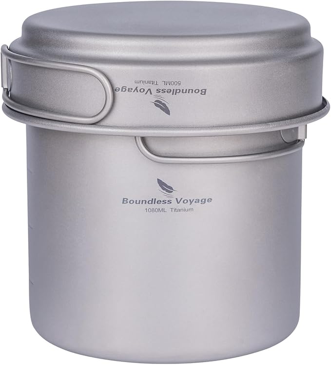 iBasingo Titanium Pot Pan Set with Folding Handle - Ultralight Portable Outdoor Cookware Mess Kit for Camping, Picnic, Travel & Backpacking (1080ml Soup Pot, 900ml Cup, 500ml Frying Pan)