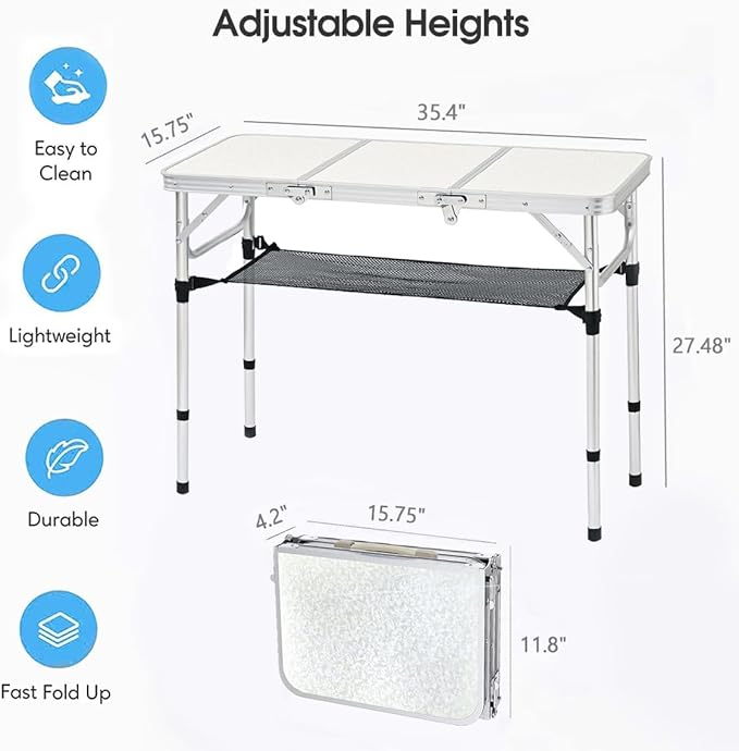 Folding Camping Table, 35''L x16''W Camp Aluminum Table with Adjustable Height Legs, Indoor Outdoor Lightweight Portable Folding Dining Table for Camp Picnic Beach Cooking 3Ft(3 Heights 10"/20"/27")