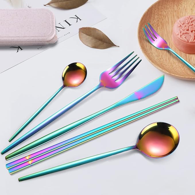 AARAINBOW 8 Pieces Stainless Steel Flatware Set Portable Reusable Cutlery Set Travel Utensils Set Including Chopsticks Knife Fork Spoon Straws Cleaning Brush Dishwasher Safe (Multicolored)