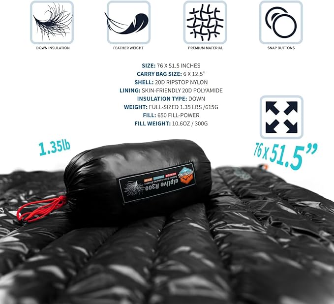 ZOOOBELIVES Ultralight Down Camping Blanket - 1.35lbs, 650 Fill Power Puffy Quilt. Compact & Warm Comforter for Travel, Beach, Hammock, Backpacking - Elevate Your Outdoor Comfort - AlpliveR300