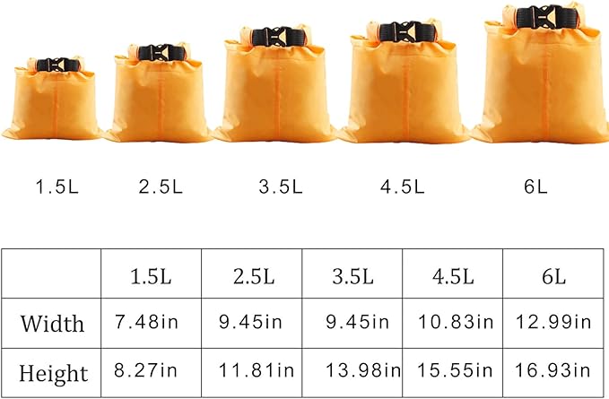 Pimoys 5 Pack Waterproof Dry Sacks, Lightweight Outdoor Dry Bags Ultimate Dry Bags for Kayaking Rafting Boating Camping (1.5L, 2.5L, 3.5L, 4.5L, 6L)