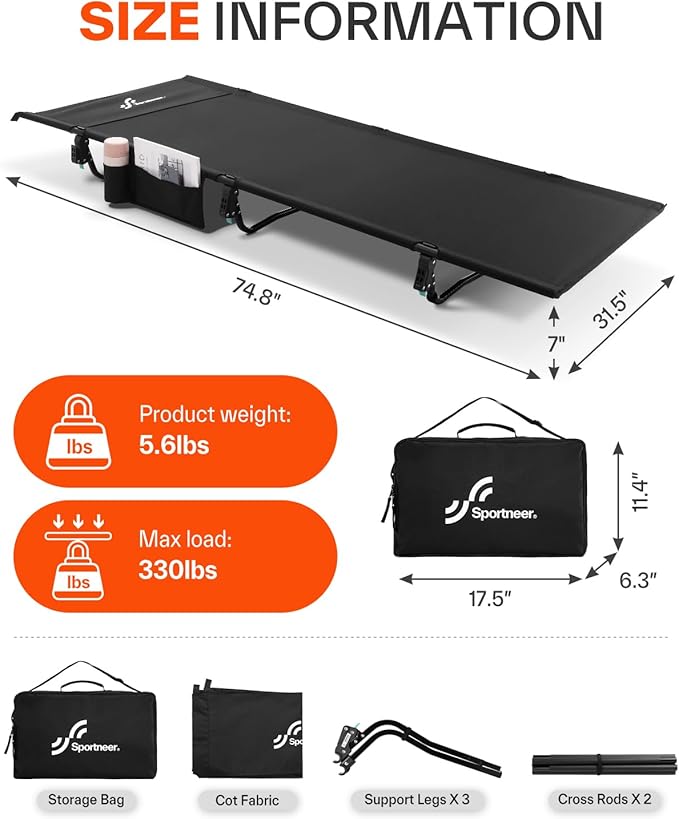 Sportneer Camping Cot: 31.5’’ Extra Wide Compact Sleeping Cots with Side Pocket - Lightweight Folding Cot for Camping Traveling Tent Day, Carry Bag Included, Easy Setup - Size 74.8''x31.5''