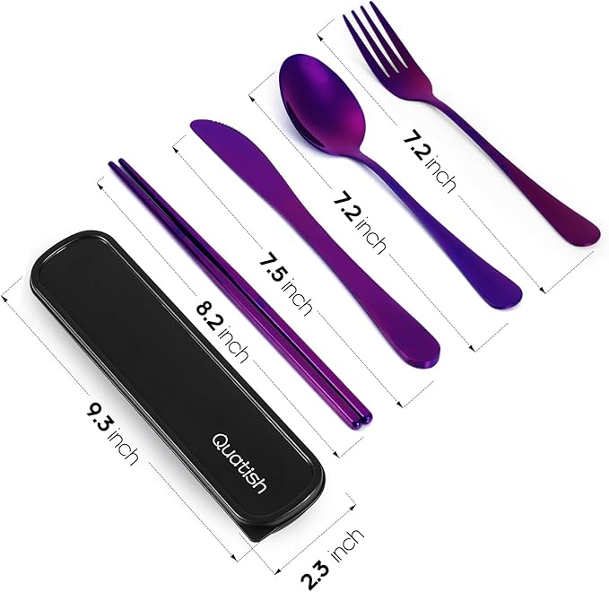 Travel Utensils with Case, Quatish Portable Silverware Set for Work, Stainless Steel Reusable Travel Cutlery Set, Fork and Spoon Set for Picnic, Camping, Gadgets, Lunch Box for Men, Purple