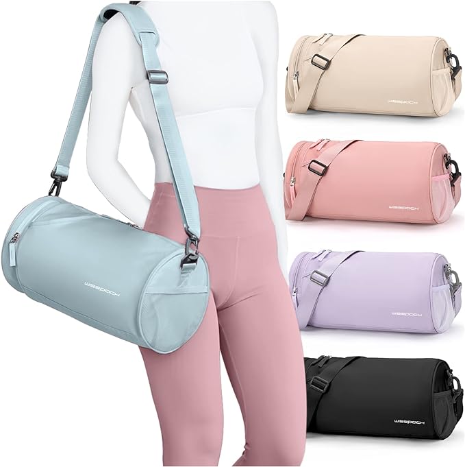 Small Women's Gym Bag - Waterproof Mini Duffle Bag, Travel Duffel with Wet Pocket, Carry On Weekender for Dance, Swimming, Yoga, Fitness - Light Blue