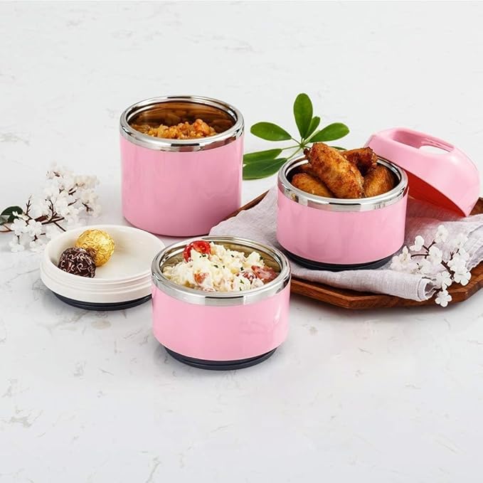 Lille Home Stackable Stainless Steel Thermal Compartment Lunch/Snack Box, 3-Tier Insulated Bento/Food Container with Lunch Bag and 3 Extra Silicone Seals, 43OZ, Pink
