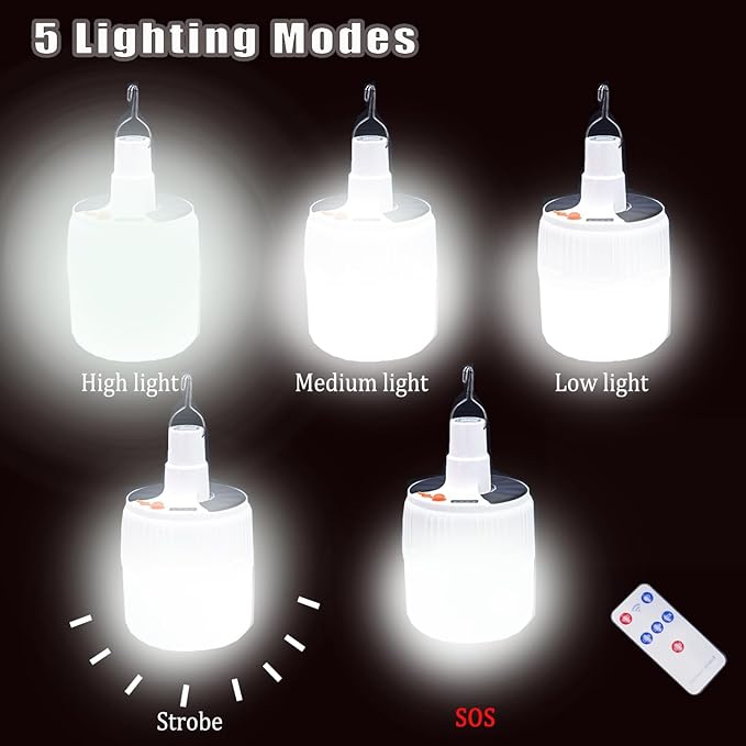 LED Camping Tent Solar Bulb Lantern Lights 5 Mode USB Rechargeable with Remote Control Portable Light Hanging Outdoor Fishing Emergency Courtyard Garden 4 Power Display Outdoor 1pack