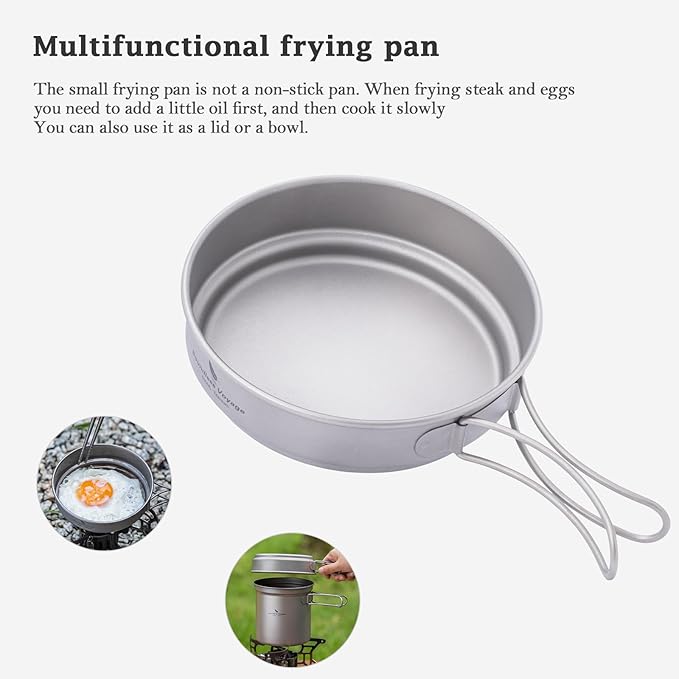 iBasingo Titanium Pot Pan Set with Folding Handle - Ultralight Portable Outdoor Cookware Mess Kit for Camping, Picnic, Travel & Backpacking (1080ml Soup Pot, 900ml Cup, 500ml Frying Pan)