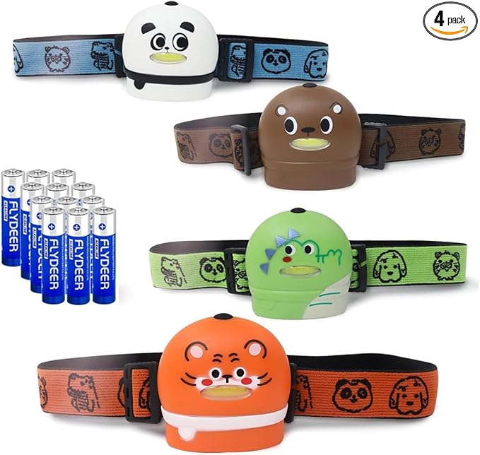 KunHe 4 Pack Kids Headlamp Stocking Stuffers for Kids Christmas Gift for Girls Boys Animals Head Lamp for Camping Running Batteries Included