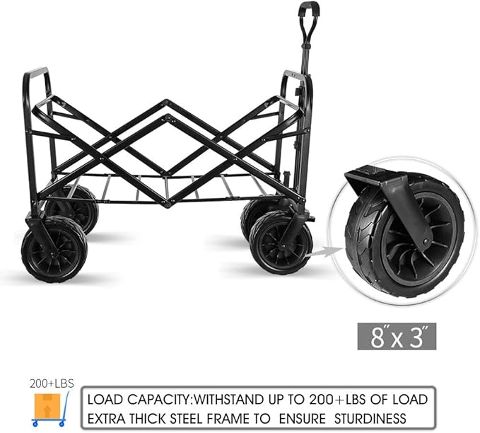 WHITSUNDAY Collapsible Folding Garden Outdoor Park Utility Wagon Picnic Camping Cart with Bearing and Brake 8" All Terrain Wheels with Push Bar (Bubble)