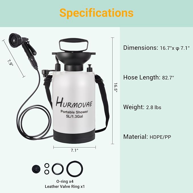 1.3 Gallon/5L Portable Shower for Camping–10 Spray Modes, Insulated Water Sprayer, Portable Beach Shower for Surfing, Hiking, Dog Shower, White