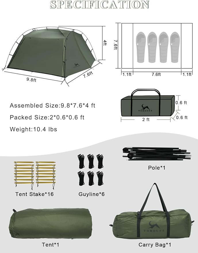 SML TOMOUNT 4 Person Tent for Camping Cabin Tent Easy Set Up Polyester PU3000mm 3 Season Outdoor Tent for Hiking Backpacking Motorcycle
